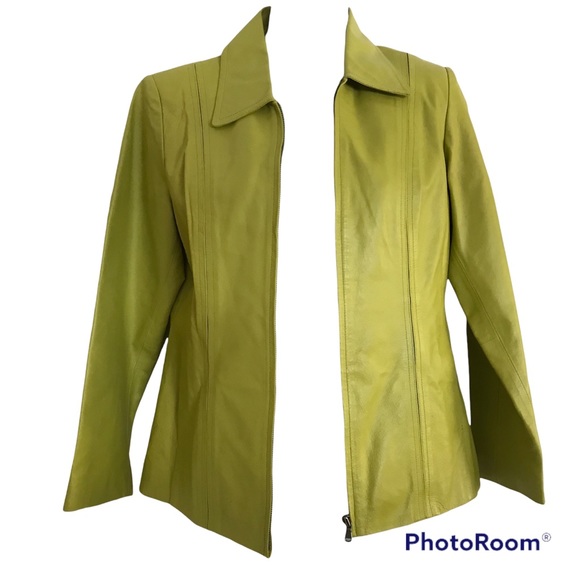 Leather Jacket Lime Green Zip front with Two Pockets Petite Small Worthington - Picture 11 of 14